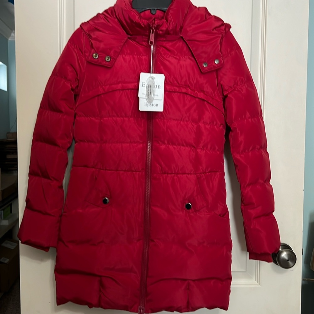 Women’s Epsiom White Down Filled Puffer Jacket Hooded Mid Length Size XS